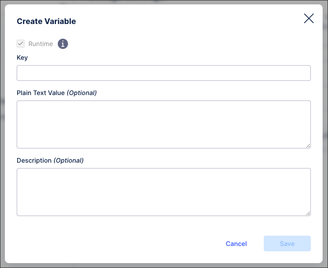 A screenshot showing the create variables configuration screen, including the automatically selected runtime variable.