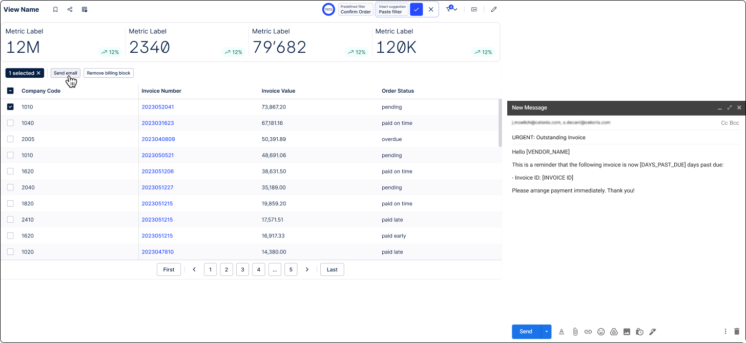 A send email action button embedded in a Studio View pointing to an email editor window.