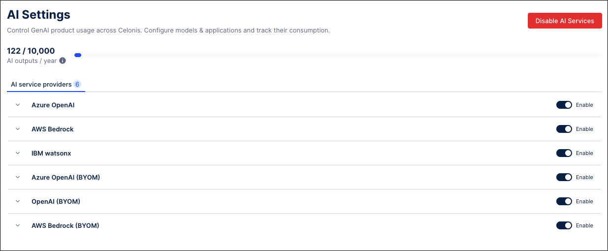 Screenshot depicting the AI Settings screen in the Admin and Settings module.