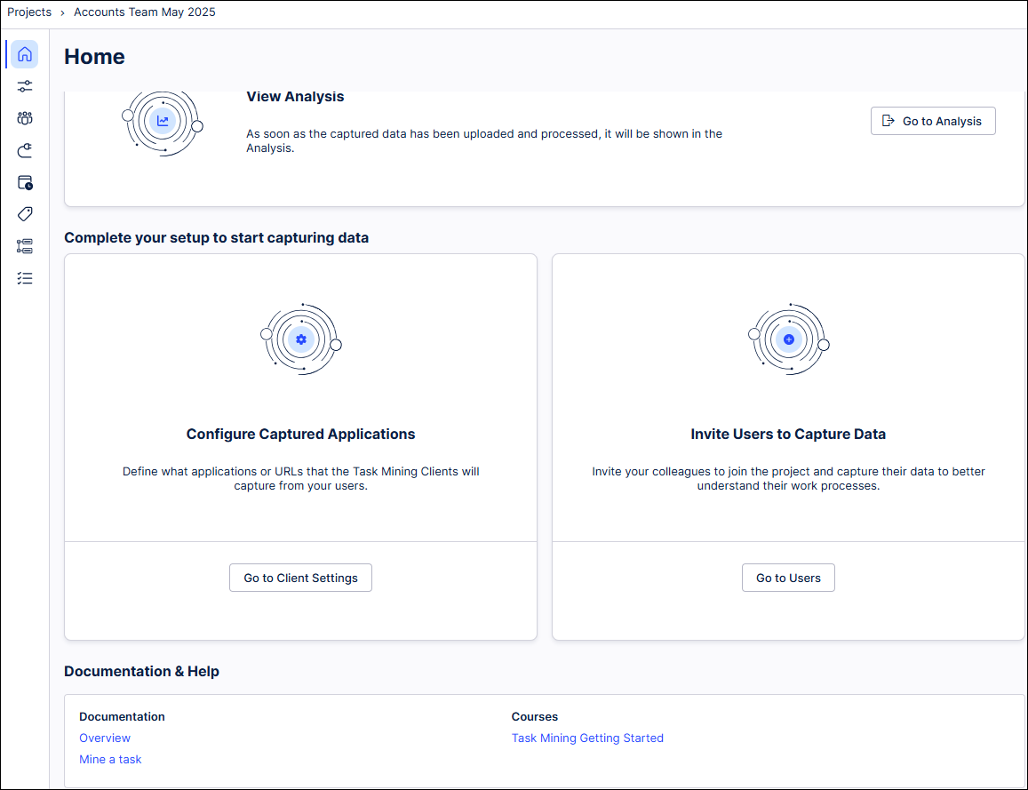 Home page screen for the Task Mining project.