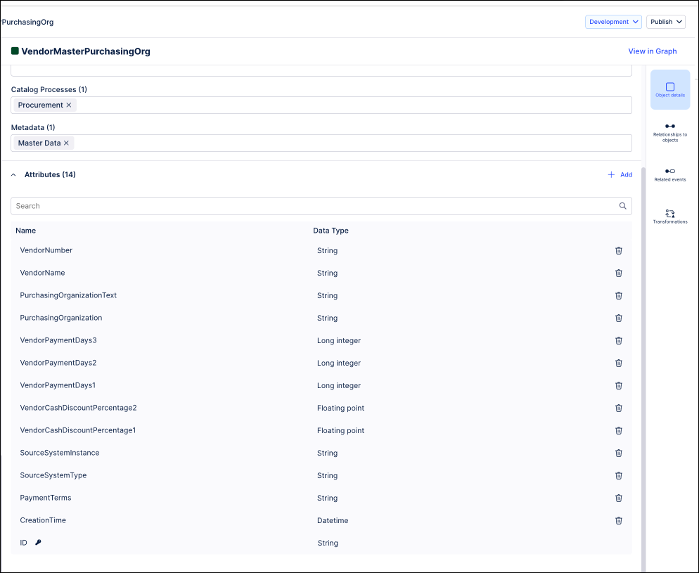 The VendorMasterPurchasingOrg object type with the list of attributes and data types given in the previous step.