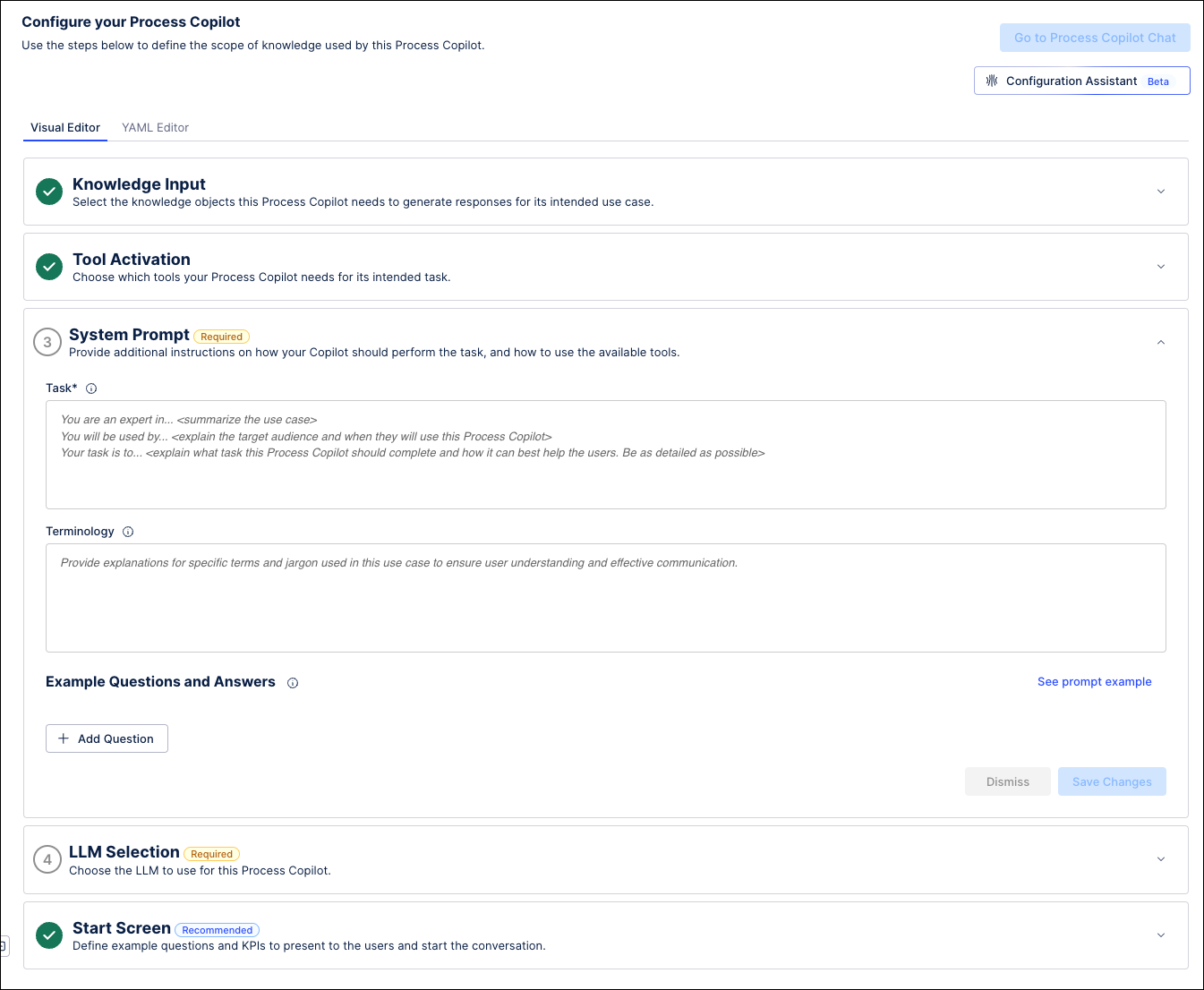 Screenshot of the Process Copilot configuration screen after completing the first two sections.