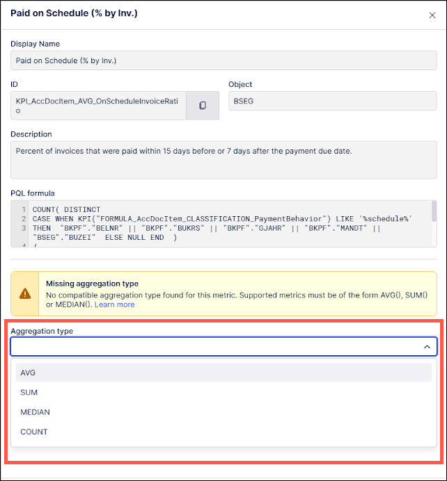 Screenshot of a metric configuration with the Aggregation type dropdown highlighted.