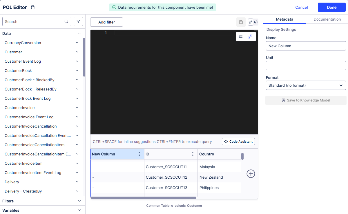 Screenshot showing the PQL editor user interface