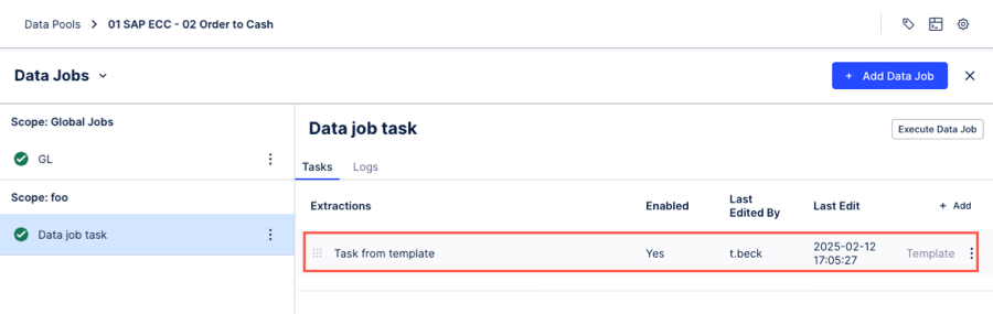 A screenshot showing a configured data job template.