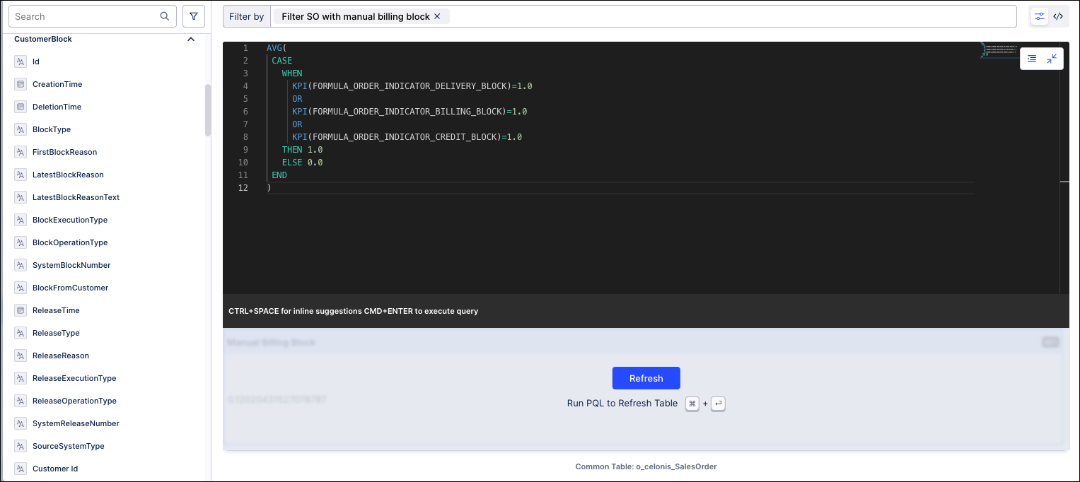 Screenshot showing an example of the PQL statement for a KPI in the PQL Editor.